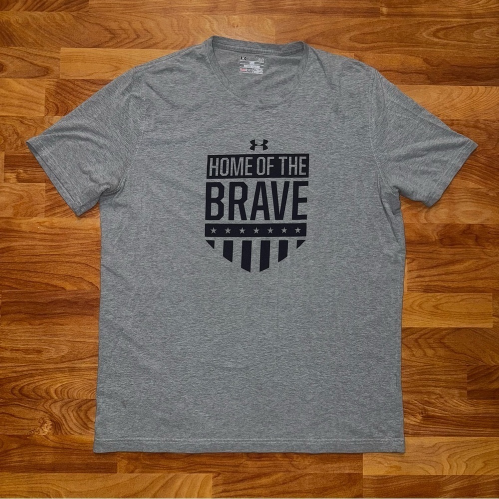 Under Armour Heatgear Home Of The Brave T Shirt Mens Sz Large Gray Graphic Print